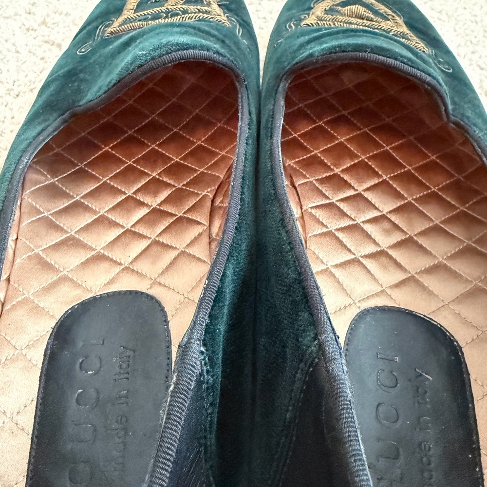Gucci Green Wire Embroidered Velvet‎ Loafers Men's Size 11 Dark Green Authentic - Picture 14 of 15